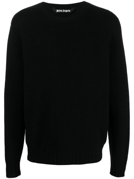 PALM ANGELS Men's Black Ribbed Knit Pullover with Logo Intarsia