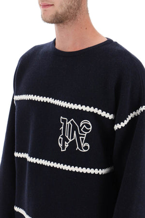 PALM ANGELS Navy Blue Wool-Blend Crew-Neck Sweater for Men