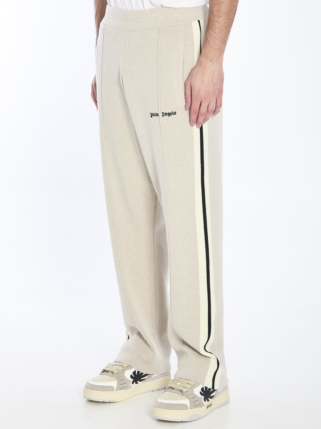 PALM ANGELS Men's Regular Fit Track Pants in Beige Wool and Cashmere Blend