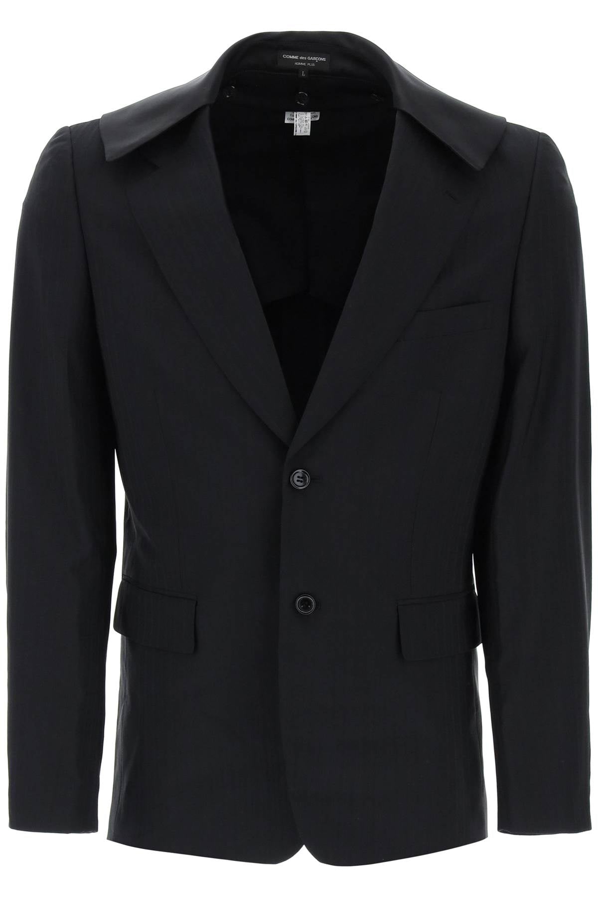 COMME DES GARÇONS HOMME PLUS Men's Satin Collar Blazer with Tonal Stripe Jacquard Pattern