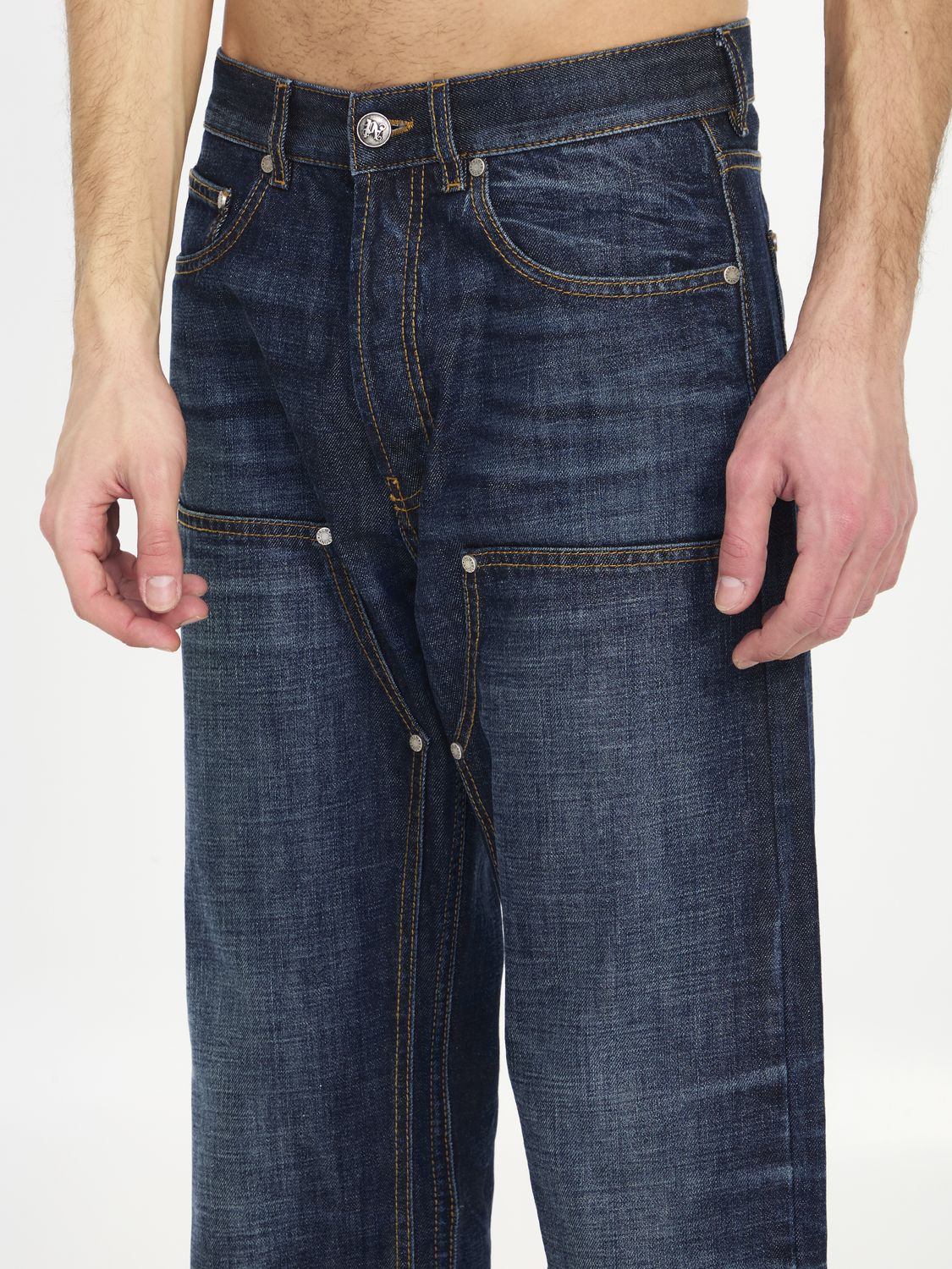 PALM ANGELS High-Waisted Monogram Jeans in Blue Cotton Denim for Men