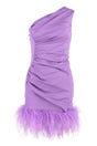 GIUSEPPE DI MORABITO Elegant One Shoulder Dress with Decorative Gathering and Feather Hemline in Purple for Women - SS23 Collection