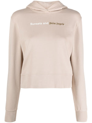 PALM ANGELS Slouchy Tan Cotton Hoodie with Logo Print and Long Sleeves