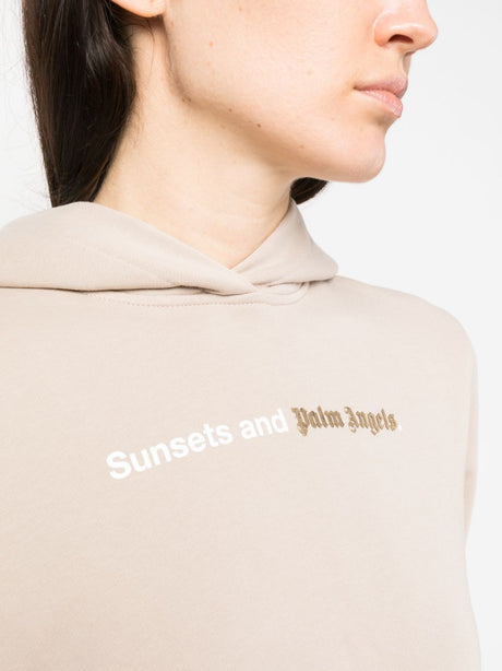 PALM ANGELS Slouchy Tan Cotton Hoodie with Logo Print and Long Sleeves