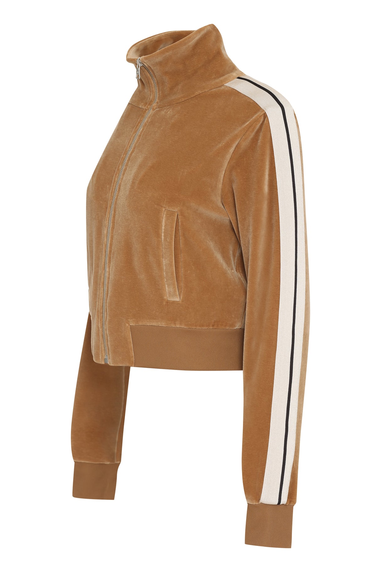 PALM ANGELS Chenille Logo Sweatshirt with Stand Up Collar and Contrasting Sleeves Bands in Camel