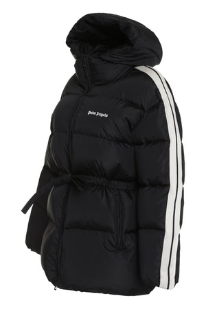 PALM ANGELS Black Full Zip Down Jacket with Contrasting Sleeves and Drawstring Waist