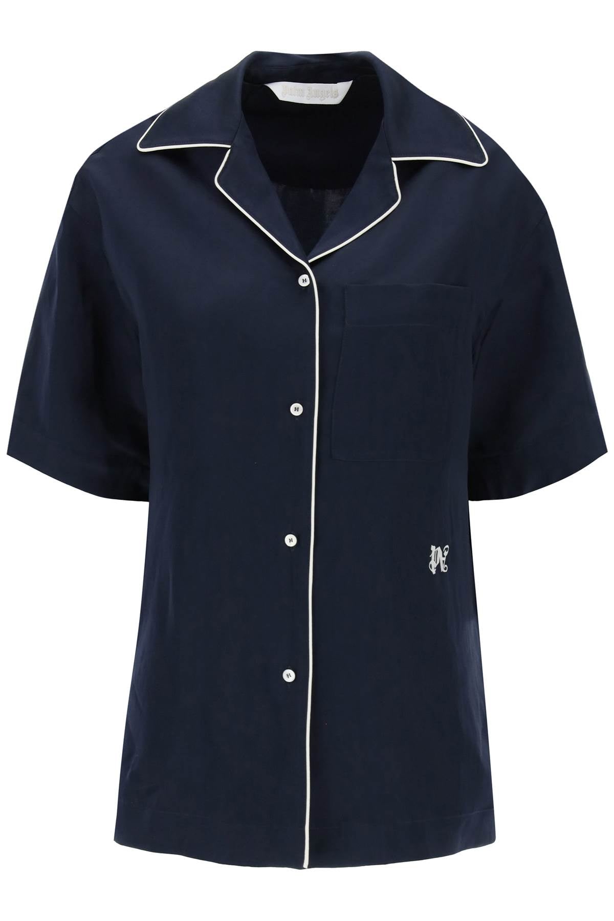 PALM ANGELS Navy Blue Blue Linen-Blend Shirt with White Piping for Women