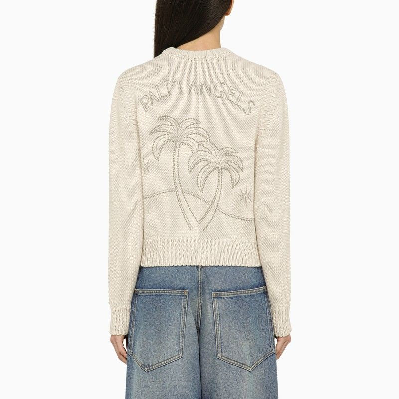 PALM ANGELS White Wool-Blend Crew-Neck Jumper with Designer Logos