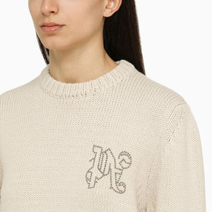 PALM ANGELS White Wool-Blend Crew-Neck Jumper with Designer Logos