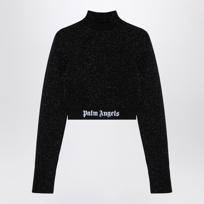 PALM ANGELS Shimmering Black Cropped Turtleneck Sweater