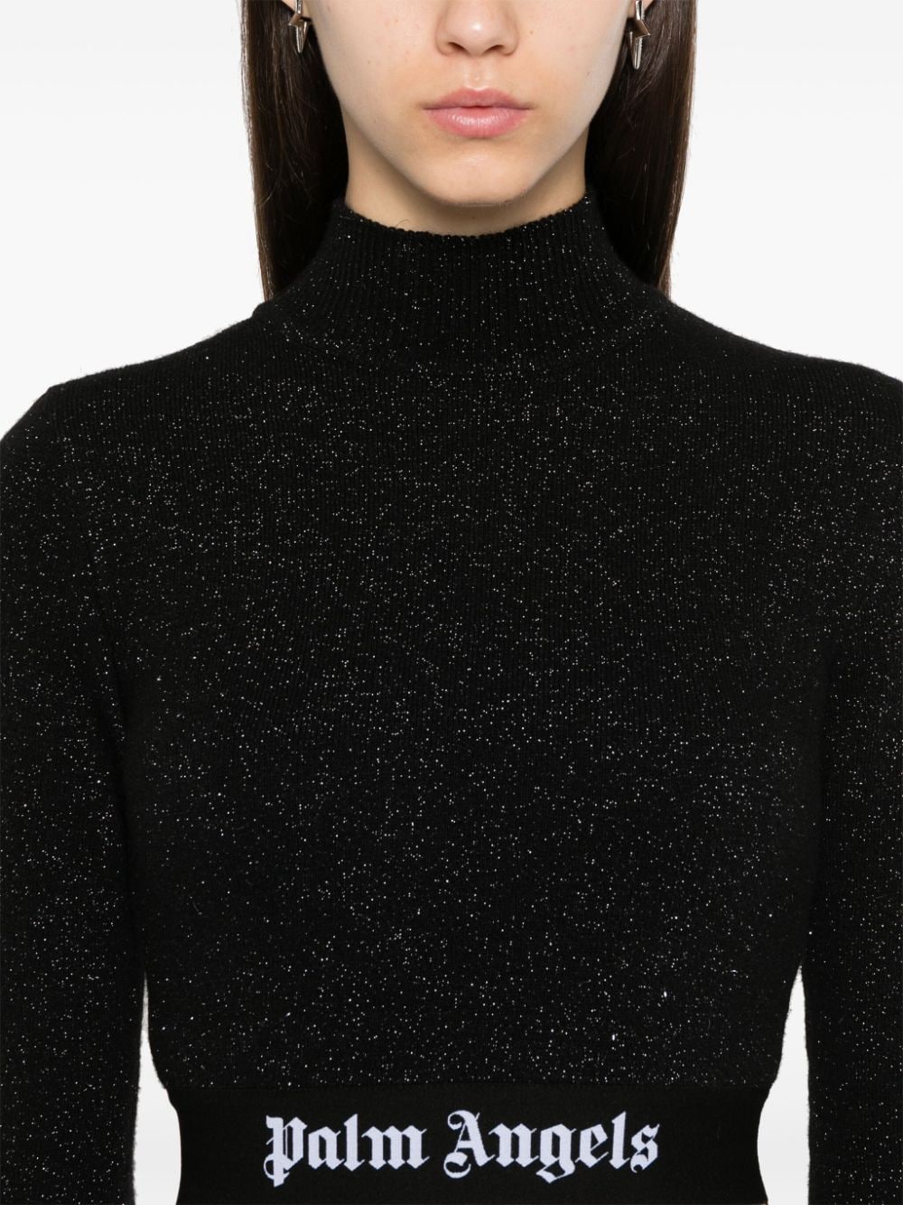 PALM ANGELS Shimmering Black Cropped Turtleneck Sweater