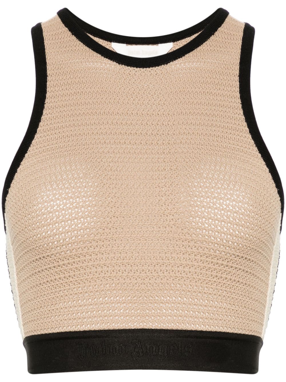 PALM ANGELS Beige Crochet Knit Top with Logo-Tape Detailing