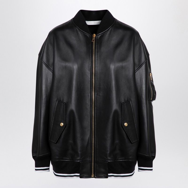 PALM ANGELS  BLACK LEATHER COLLEGE BOMBER JACKET