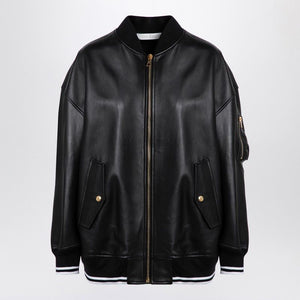 PALM ANGELS  BLACK LEATHER COLLEGE BOMBER JACKET