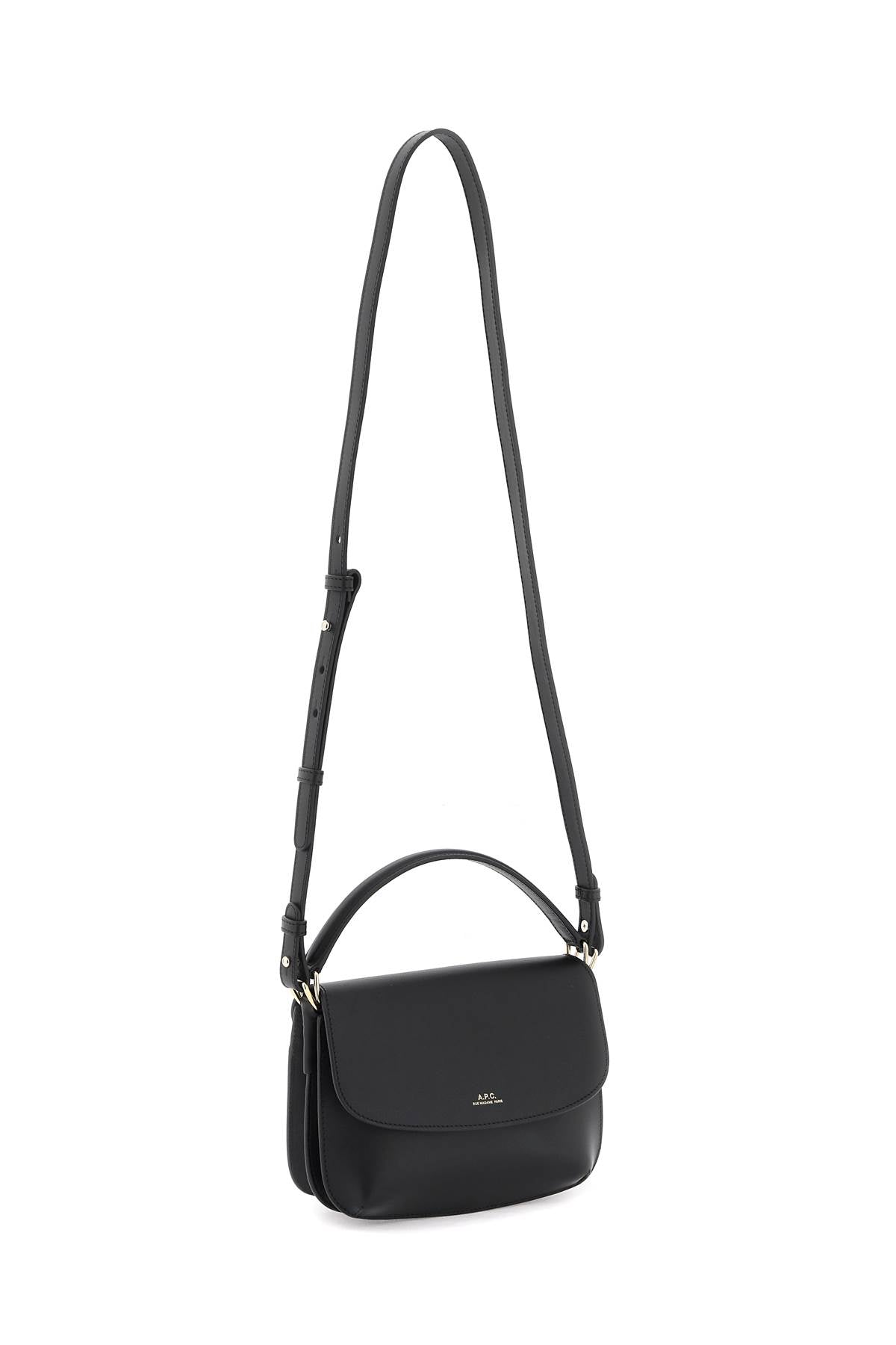 A.P.C. Sarah Mini Black Leather Shoulder Bag with Gold Accents and Detachable Strap
