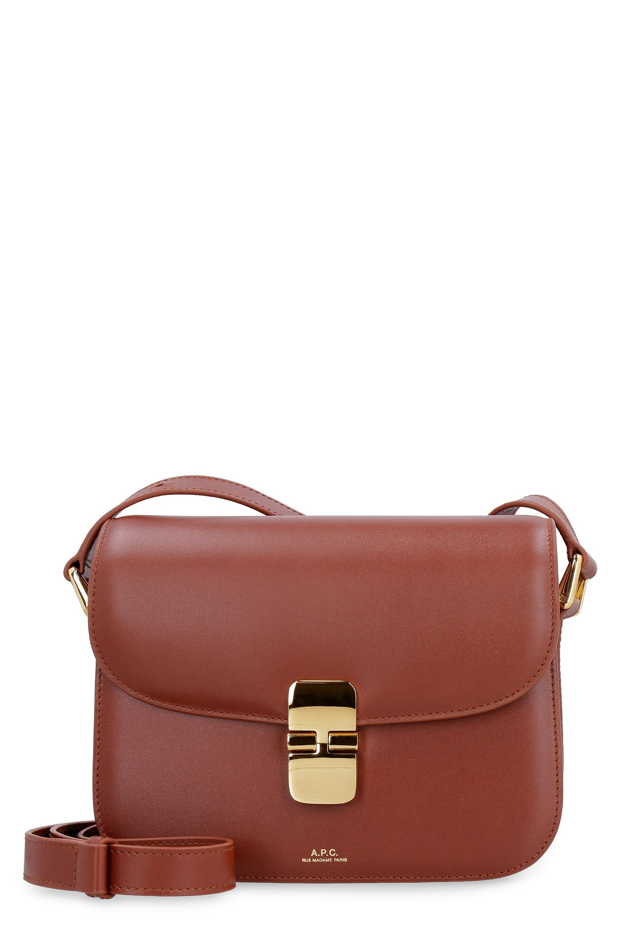A.P.C. Grace Small Brown Leather Shoulder Handbag with Gold Hardware