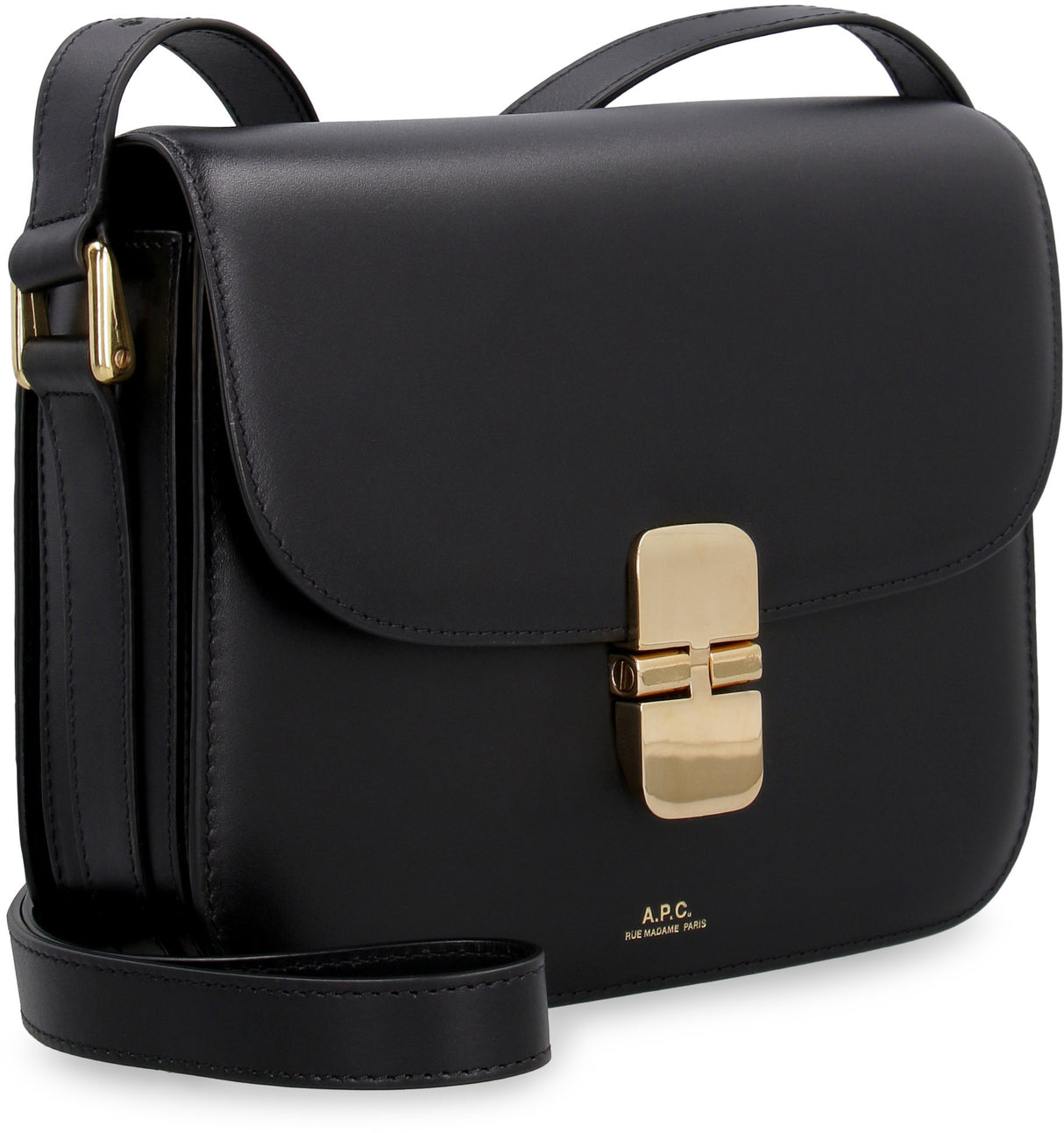 A.P.C. Grace Small Black Leather Crossbody Handbag with Gold-Tone Accents