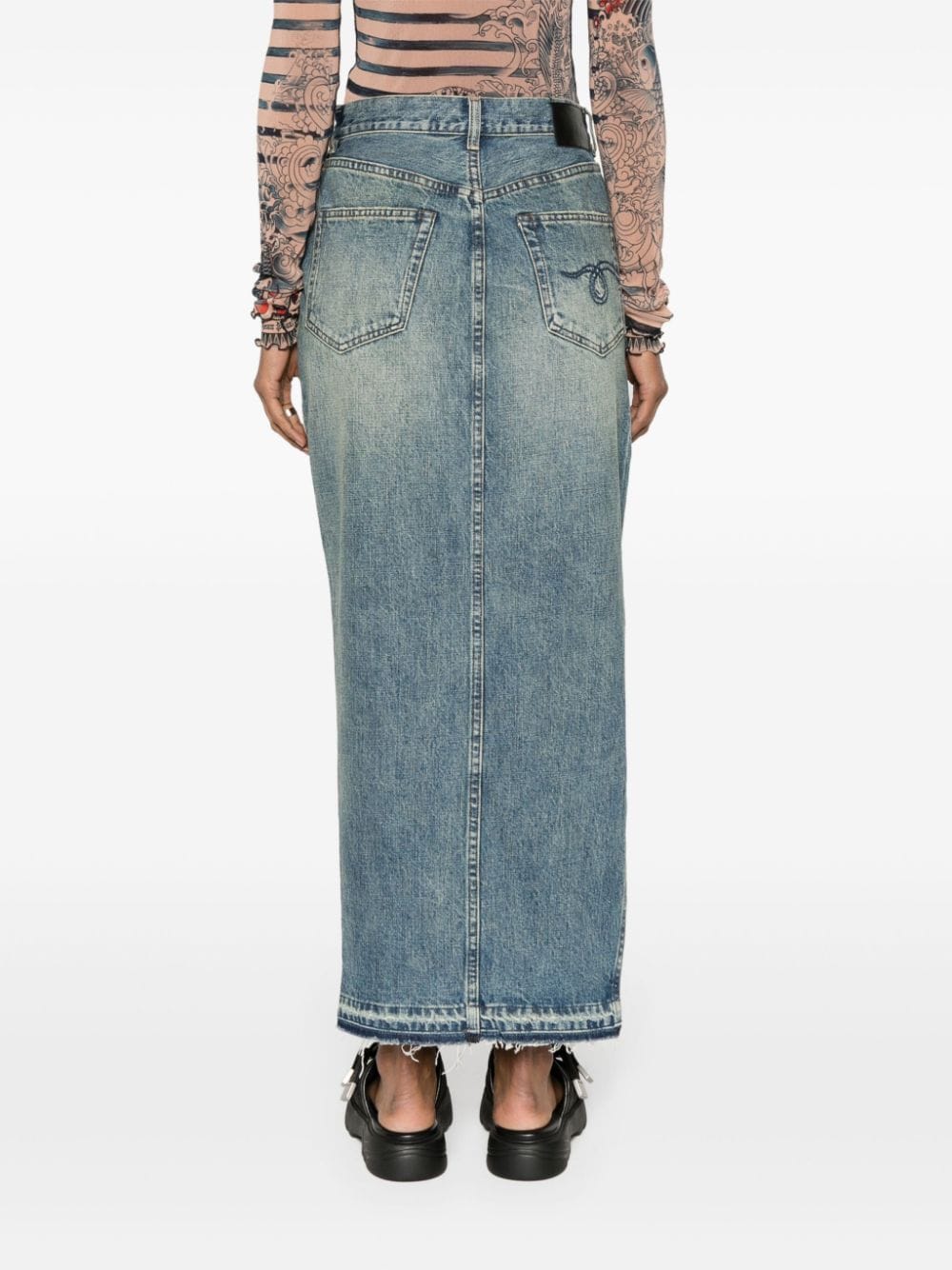 R13 Indigo Blue Washed Denim Midi Skirt