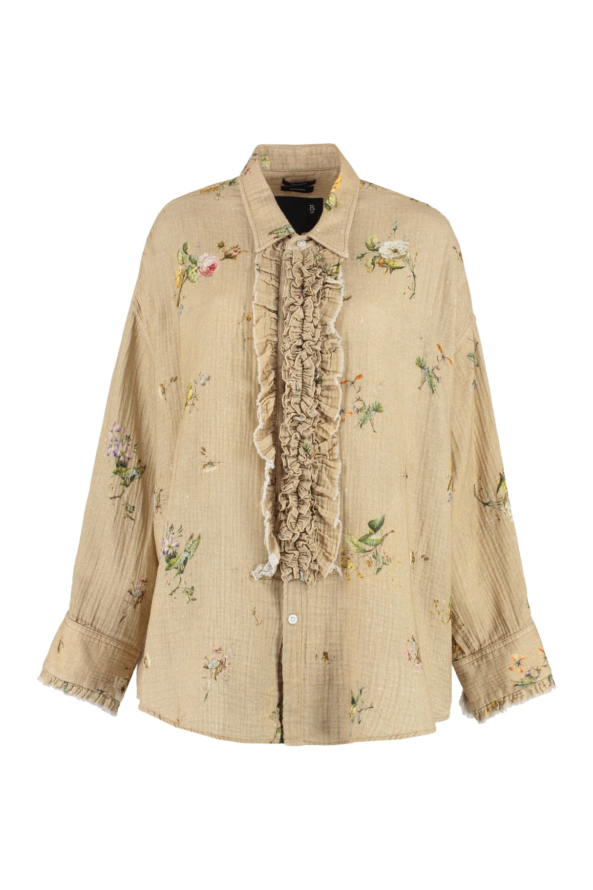 R13 Floral Print Ruffled Cotton Shirt for Women - Beige