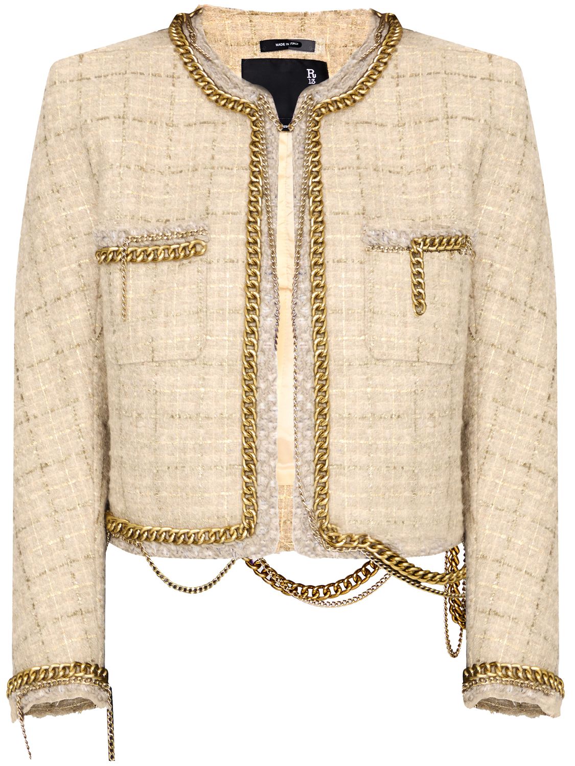 R13 Beige Tweed Cropped Jacket with Golden Chain Embellishments and Padded Shoulders