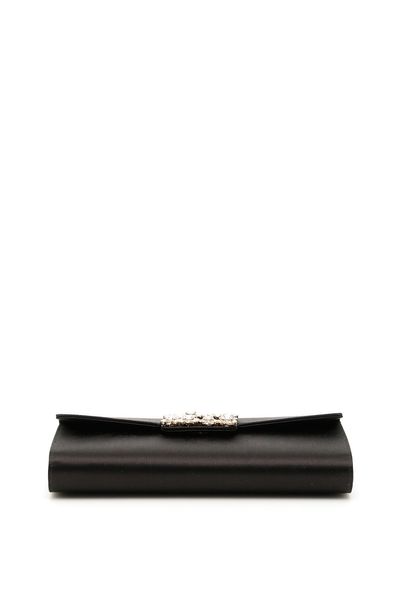 ROGER VIVIER Mini Satin Clutch Handbag with Crystal Buckle and Metal Chain