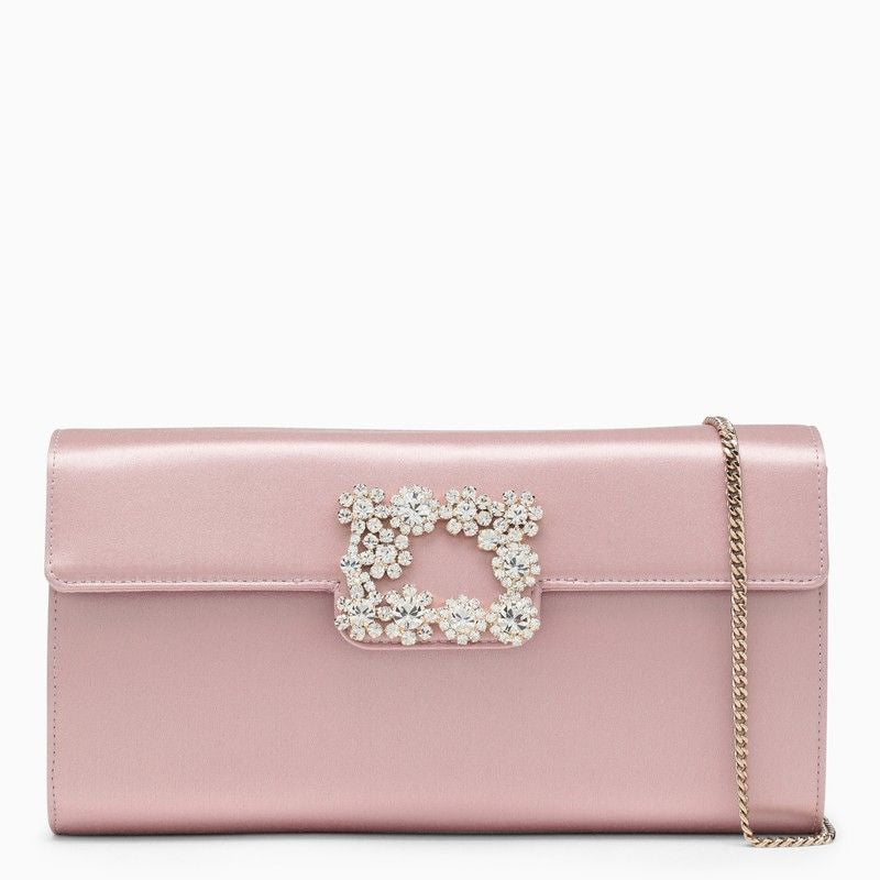 ROGER VIVIER Pink Satin Clutch Handbag with Crystal Buckle and Metal Chain for Women