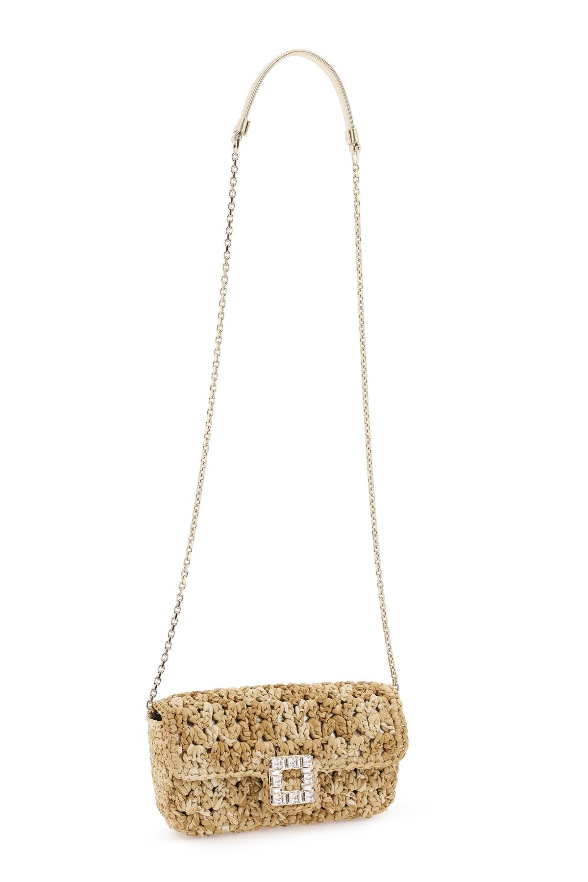 ROGER VIVIER Grey Raffia Clutch with Crystal Buckle and Removable Chain Strap for Women