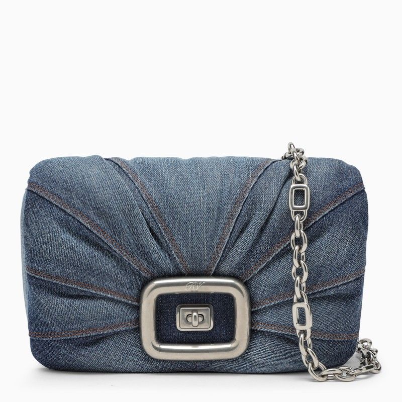 ROGER VIVIER Blue Denim Ruched Shoulder Handbag with Chain Strap for Women - SS24