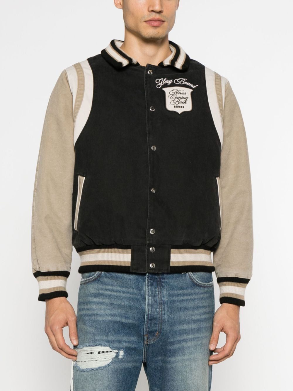 RHUDE Color-Blocked Canvas Bomber Jacket with Embroidered and Appliqué Logos