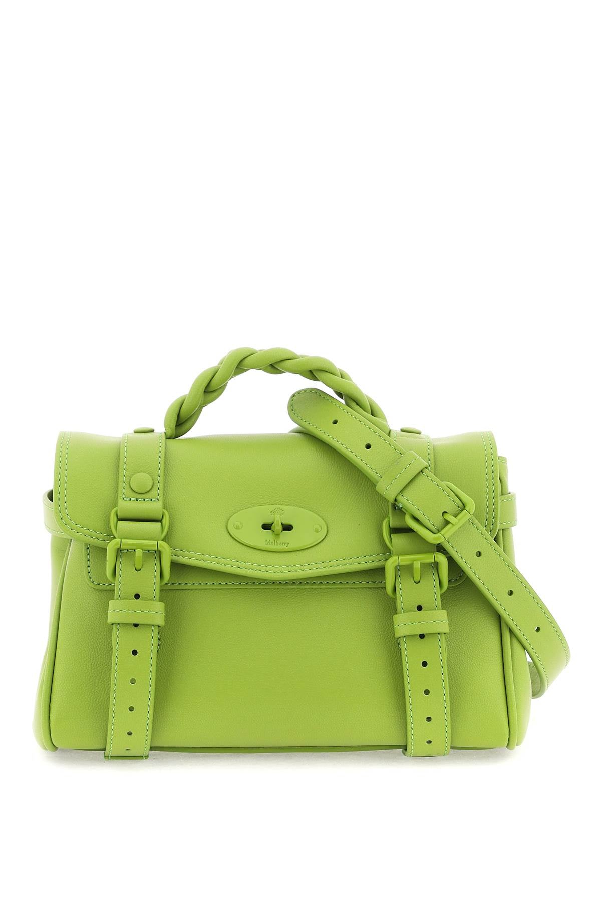 MULBERRY Mini Alexa Green Leather Clutch with Braided Handle and Iconic Metal Closure