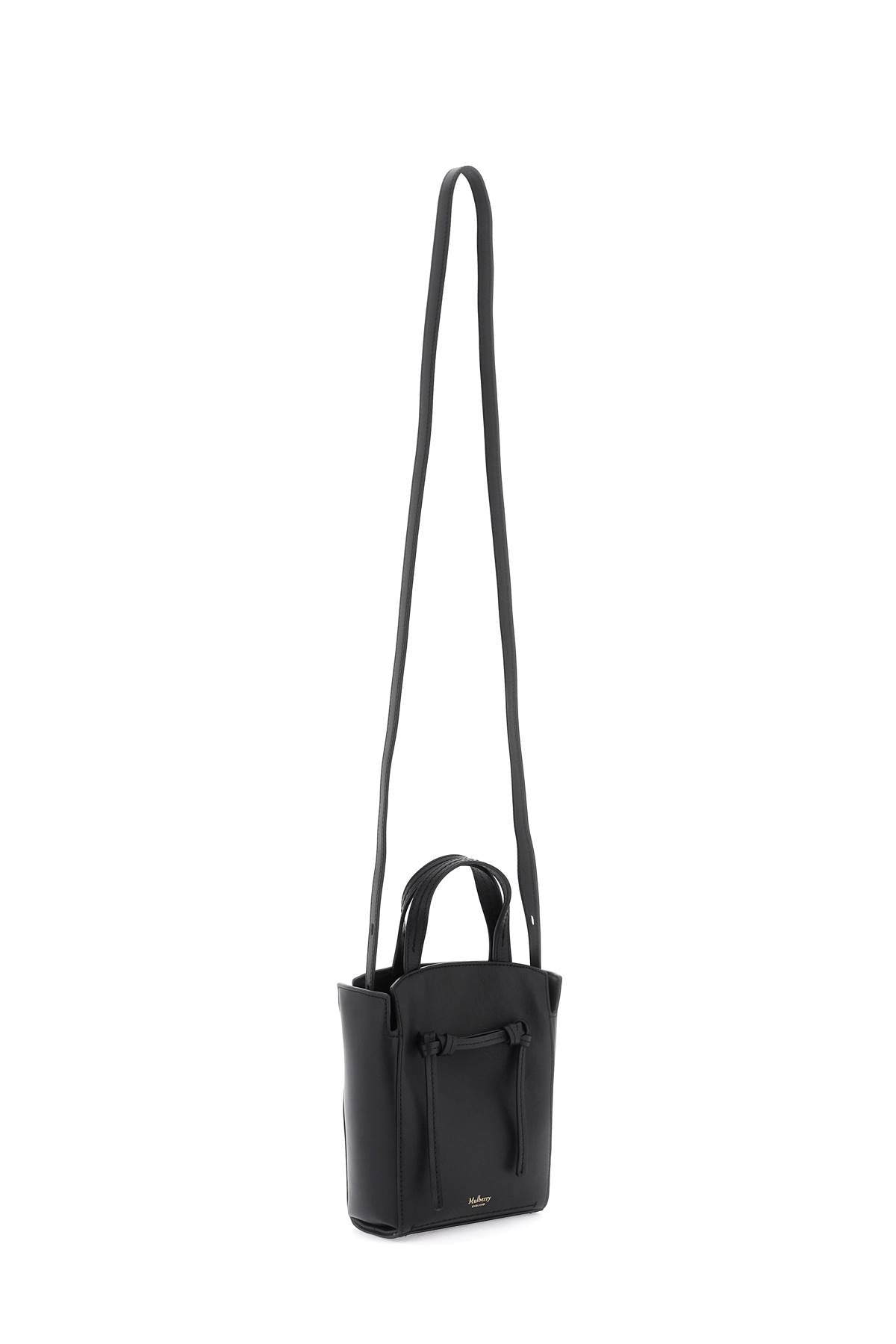 MULBERRY Mini Clovelly Black Leather Tote Bag with Gold Accents and Adjustable Strap