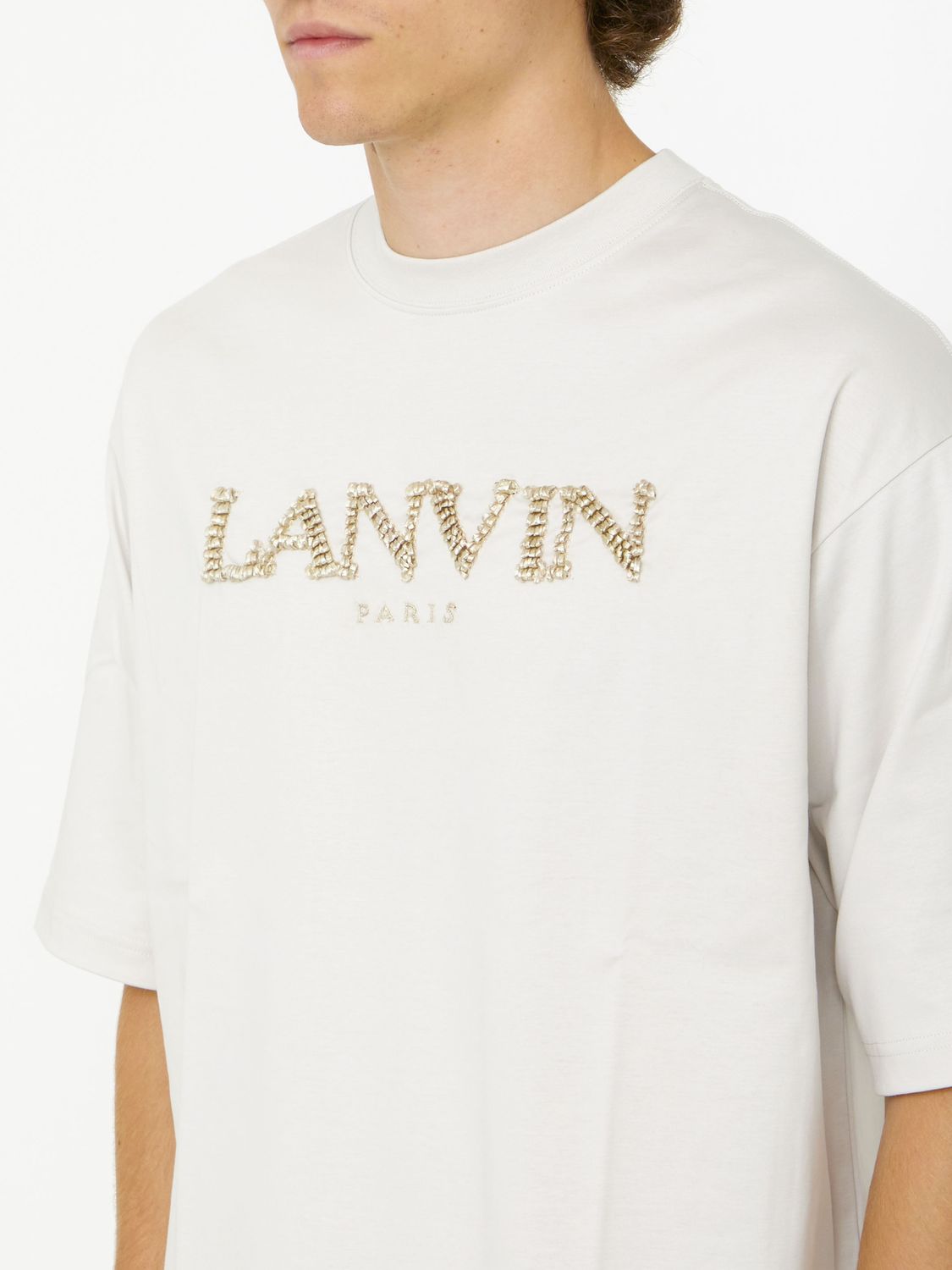 Áo thun cotton nam màu kem với logo thêu Lanvin