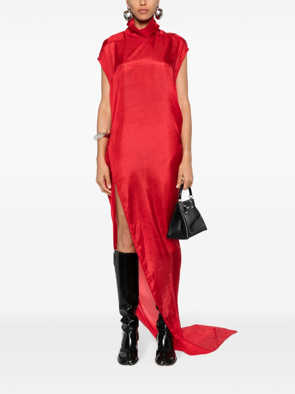 RICK OWENS Bright Red Silk Habotai Maxi Dress - High Neck, Semi-Sheer, Floor-Length