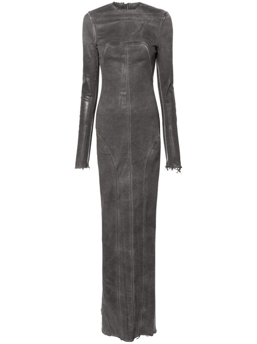 RICK OWENS Grey Long Denim Dress | Gunmetal Cotton Blend | Frayed Hem | Fitted Waist | Floor-Length