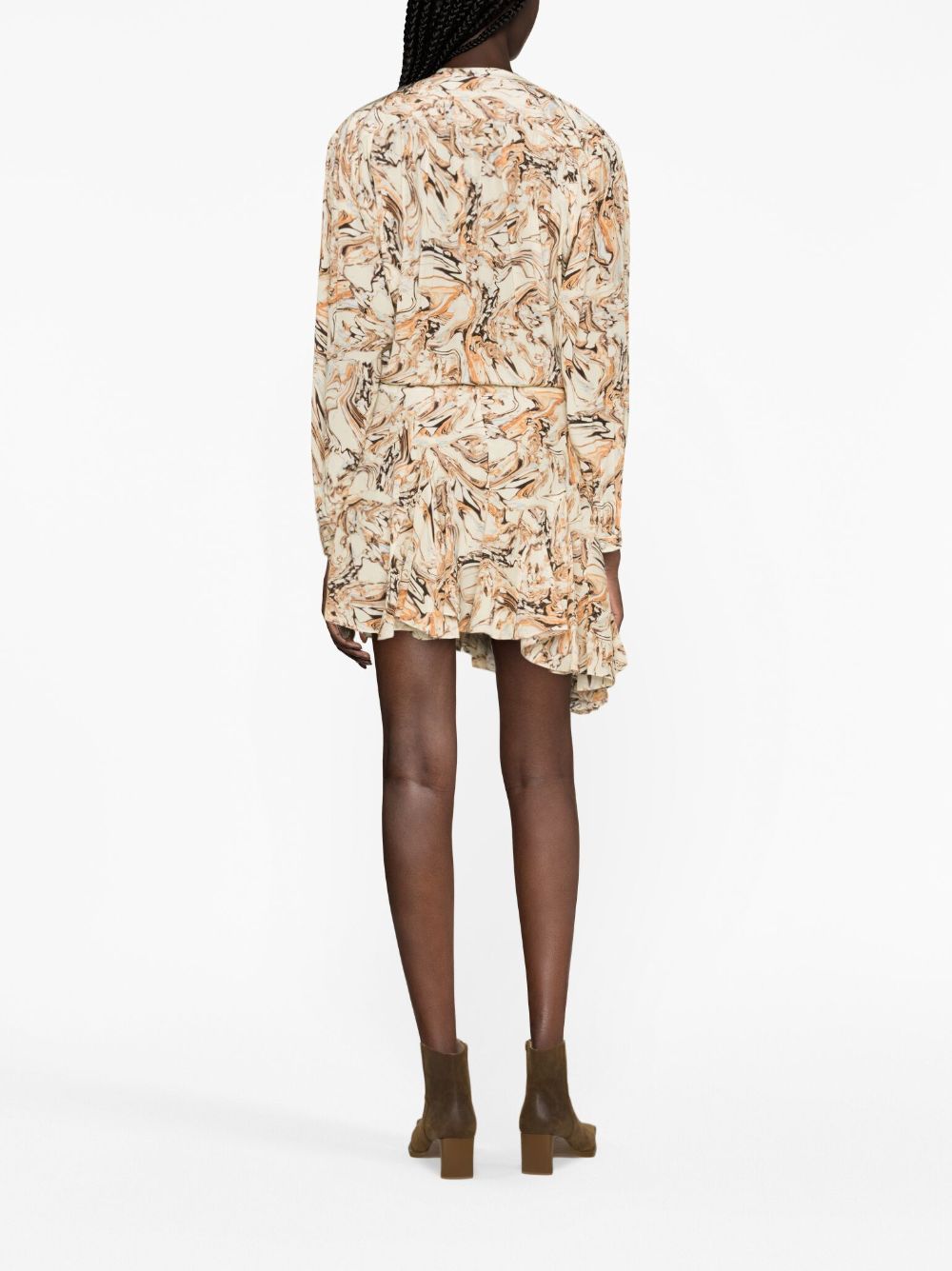 Áo đầm mini silk in bản trừu tượng cho phụ nữ màu nâu đất - Bộ sưu tập FW23