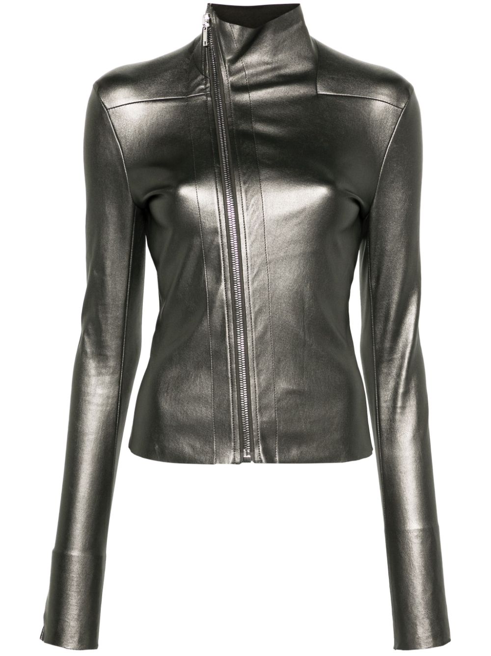 RICK OWENS Gunmetal Grey Leather Metallic Biker Jacket for Women