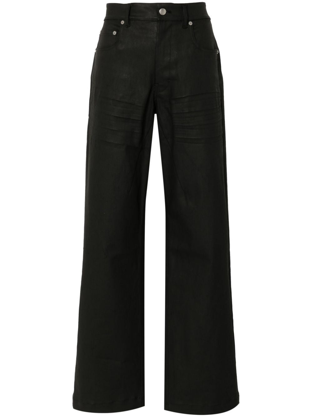 RICK OWENS Coated Denim Pants with Extended Lapels and Multiple Pockets