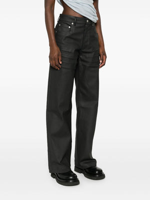 RICK OWENS Coated Denim Pants with Extended Lapels and Multiple Pockets