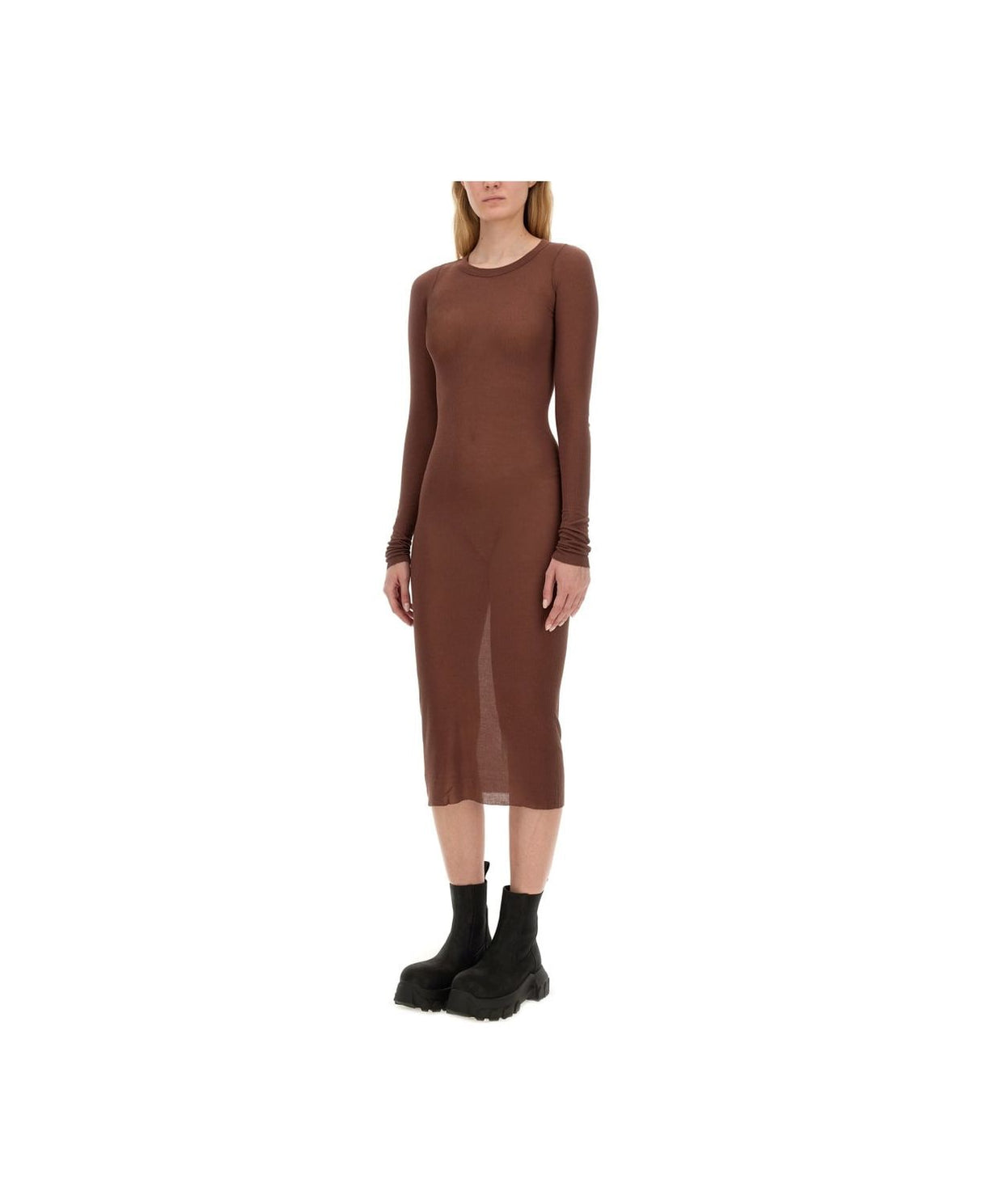 RICK OWENS Slightly Sheer Rib-Knit Dress with Raw Cut Details