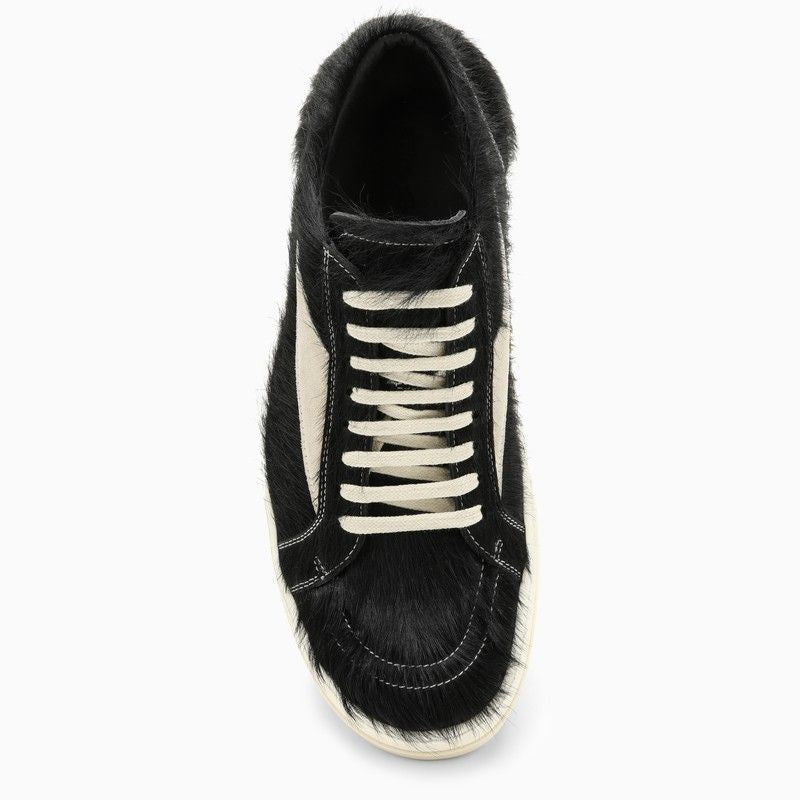 RICK OWENS Black Leather Sneakers with White Fur for Men
