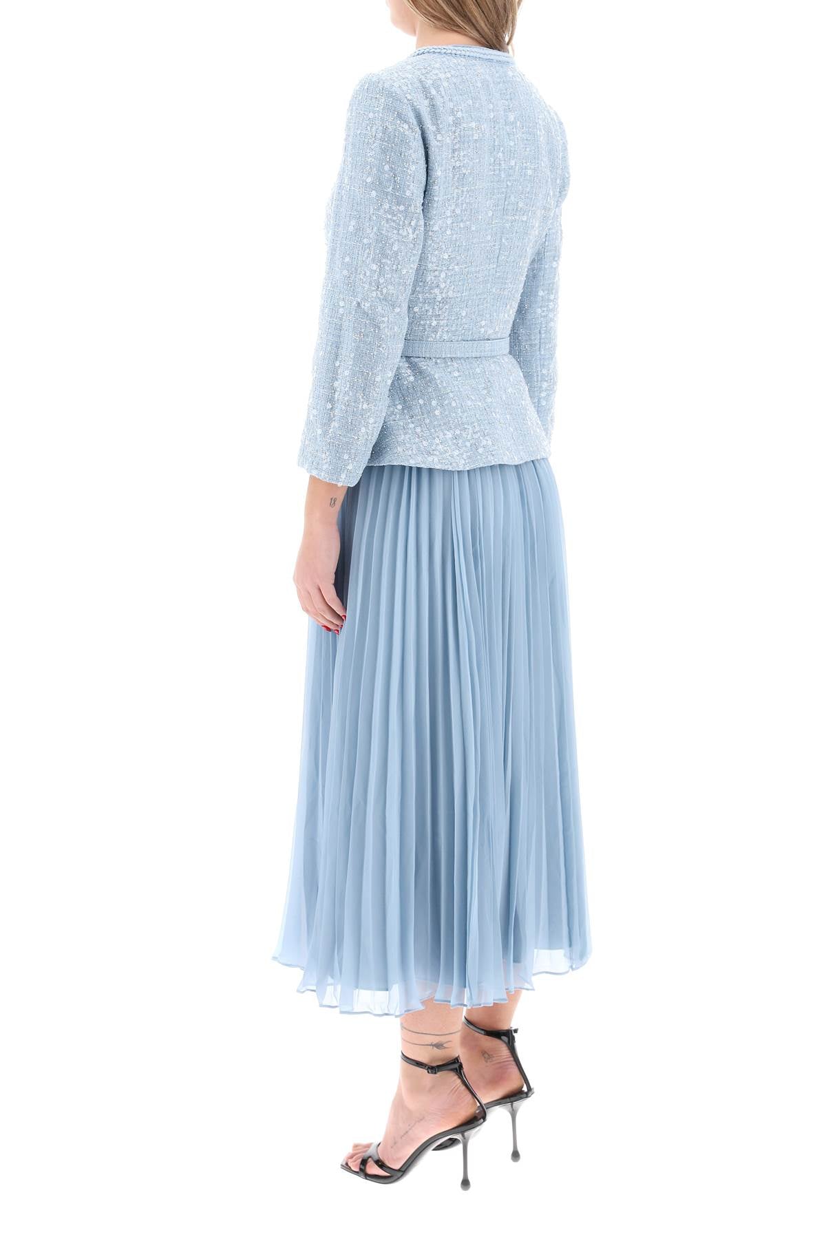 SELF-PORTRAIT Light Blue Pleated Midi Dress with Sequin Tweed Bodice and Braided Trims