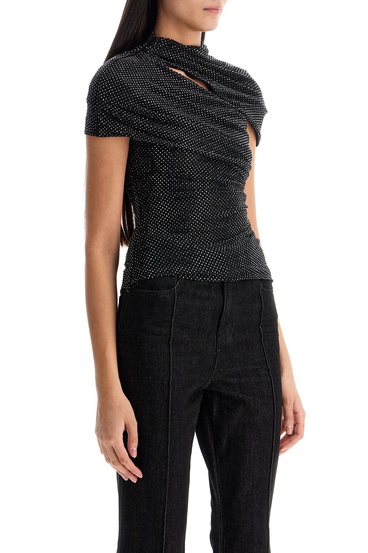 SELF-PORTRAIT Fitted Rhinestone Mesh Top with Cut-Out Detail - Women's Size 6