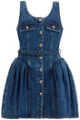 SELF-PORTRAIT Flared Denim Mini Dress - Fitted Bodice with Wide Neckline