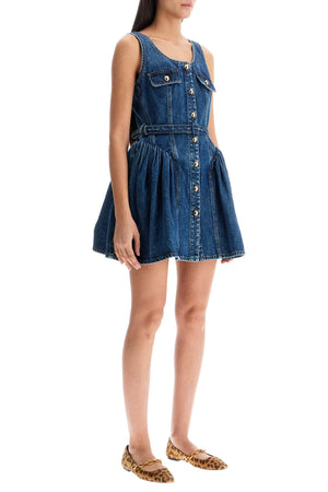 SELF-PORTRAIT Flared Denim Mini Dress - Fitted Bodice with Wide Neckline