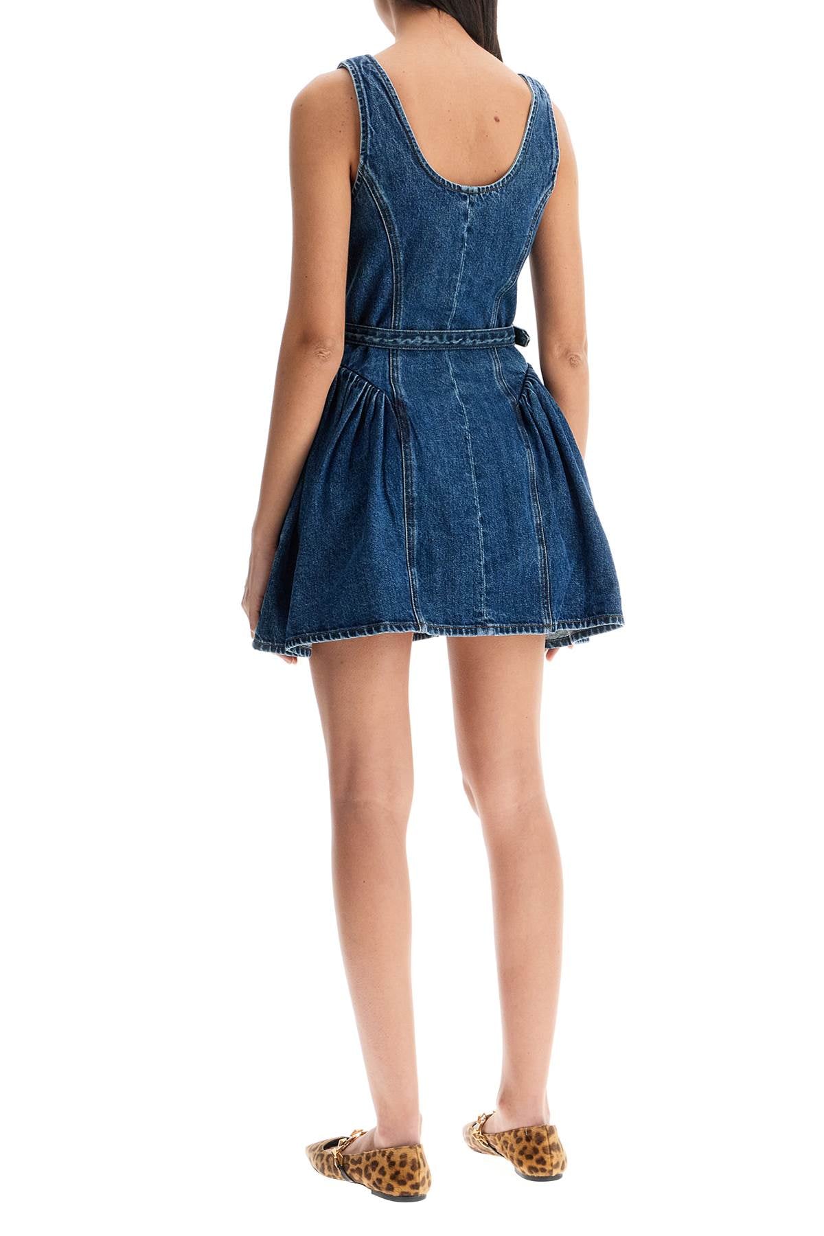 SELF-PORTRAIT Flared Denim Mini Dress - Fitted Bodice with Wide Neckline