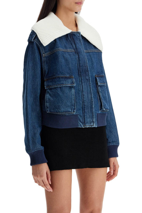 SELF-PORTRAIT Women's Denim Bomber Jacket with Removable Knit Collar - Relaxed Fit