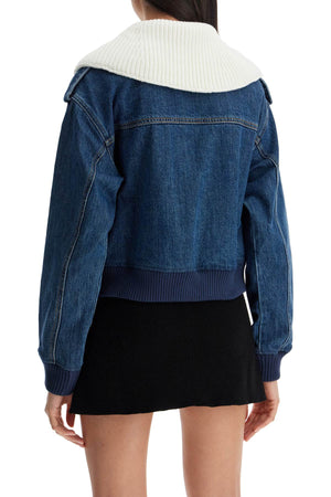 SELF-PORTRAIT Women's Denim Bomber Jacket with Removable Knit Collar - Relaxed Fit