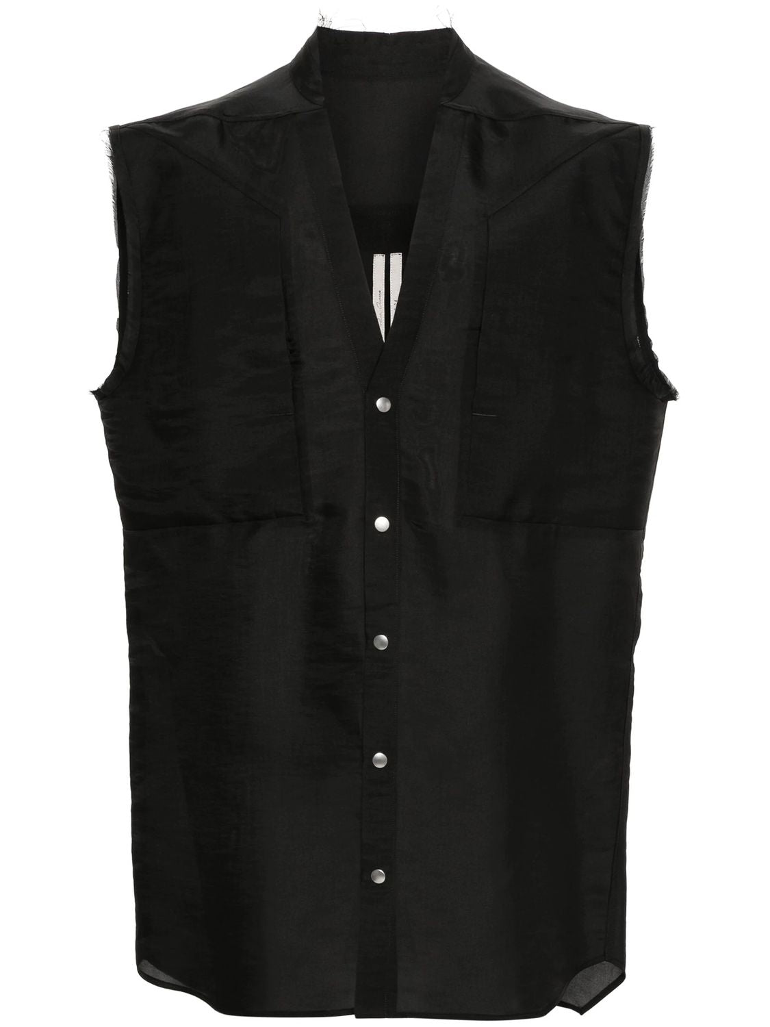 RICK OWENS Men's Black Raw Silk V-neck Vest with Strap Detailing and Press-Stud Fastening
