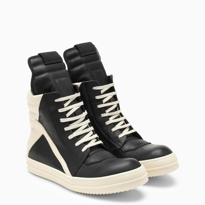 RICK OWENS High Top Black and White Leather Trainer for Men