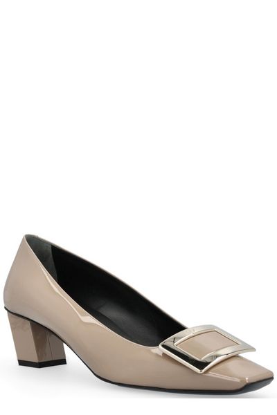 ROGER VIVIER Sand-Colored Patent Leather Pumps with Squared Buckle